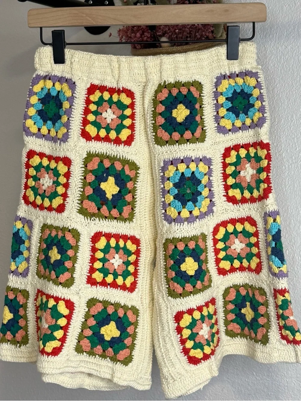 Free People x Flook Crocheted Granny Square Long Shorts Artisan Made Bali